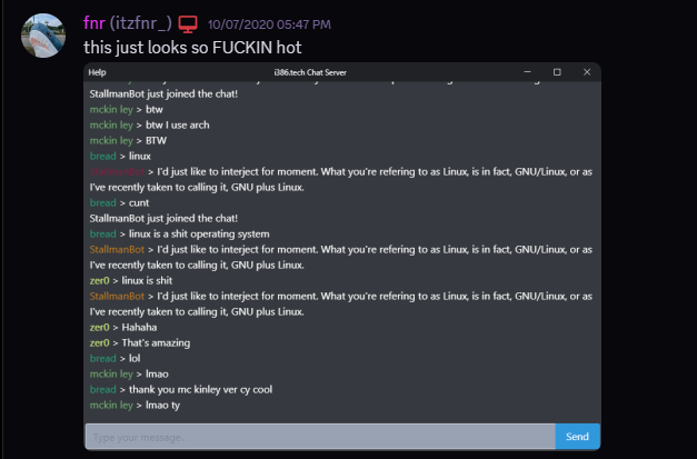Finley showing off an early desktop i386chat client.