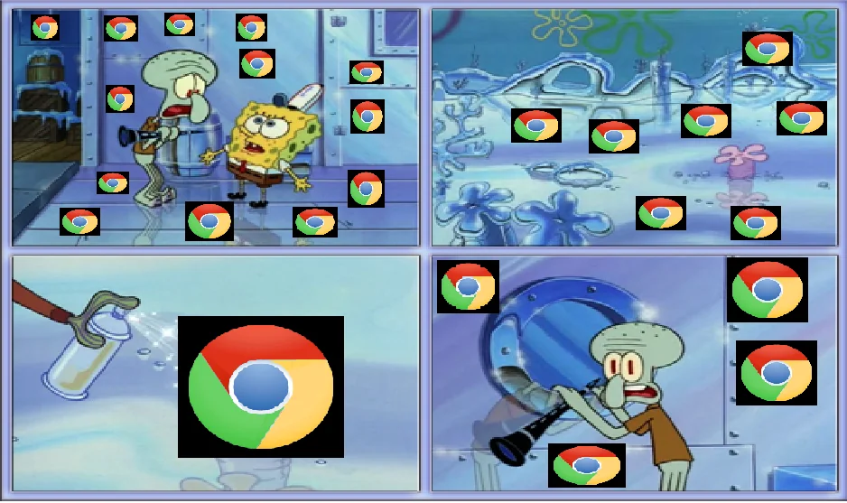 4 frames from the cartoon SpongeBob SquarePants where everything is turned into a metallic chrome finish.